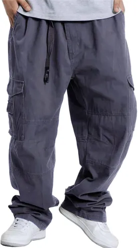 Kinghua Mens Baggy Cargo Pants Casual Loose Fit Elastic Waist Cotton Twill Cargo Pants