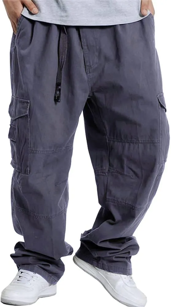 Kinghua Mens Baggy Cargo Pants Casual Loose Fit Elastic Waist Cotton Twill Cargo Pants