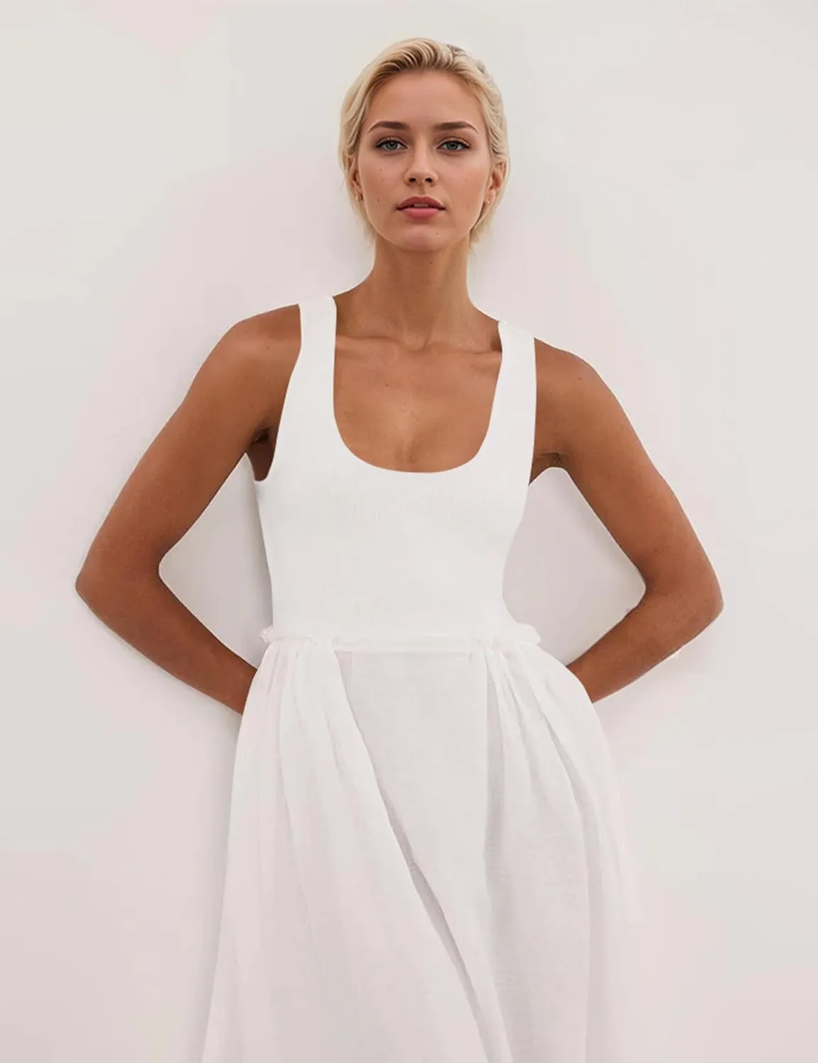 Livtany Women's Sleeveless Scoop Neck Ribbed Knit Midi Dress Raw Edge Sleeveless Patchwork Dress Flowy Sundress Side Pocket