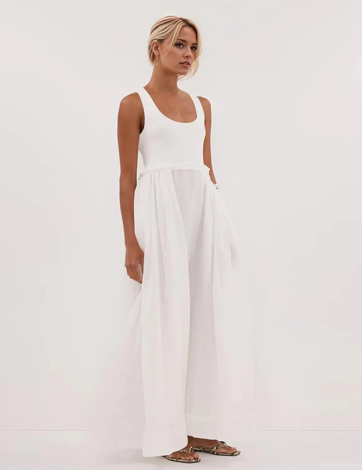 Livtany Women's Sleeveless Scoop Neck Ribbed Knit Midi Dress Raw Edge Sleeveless Patchwork Dress Flowy Sundress Side Pocket