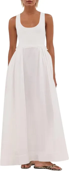 Livtany Women's Sleeveless Scoop Neck Ribbed Knit Midi Dress Raw Edge Sleeveless Patchwork Dress Flowy Sundress Side Pocket