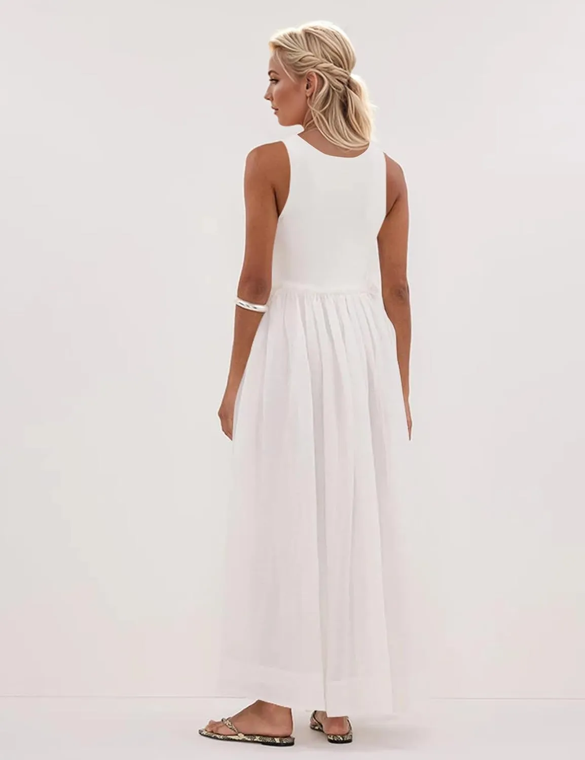 Livtany Women's Sleeveless Scoop Neck Ribbed Knit Midi Dress Raw Edge Sleeveless Patchwork Dress Flowy Sundress Side Pocket