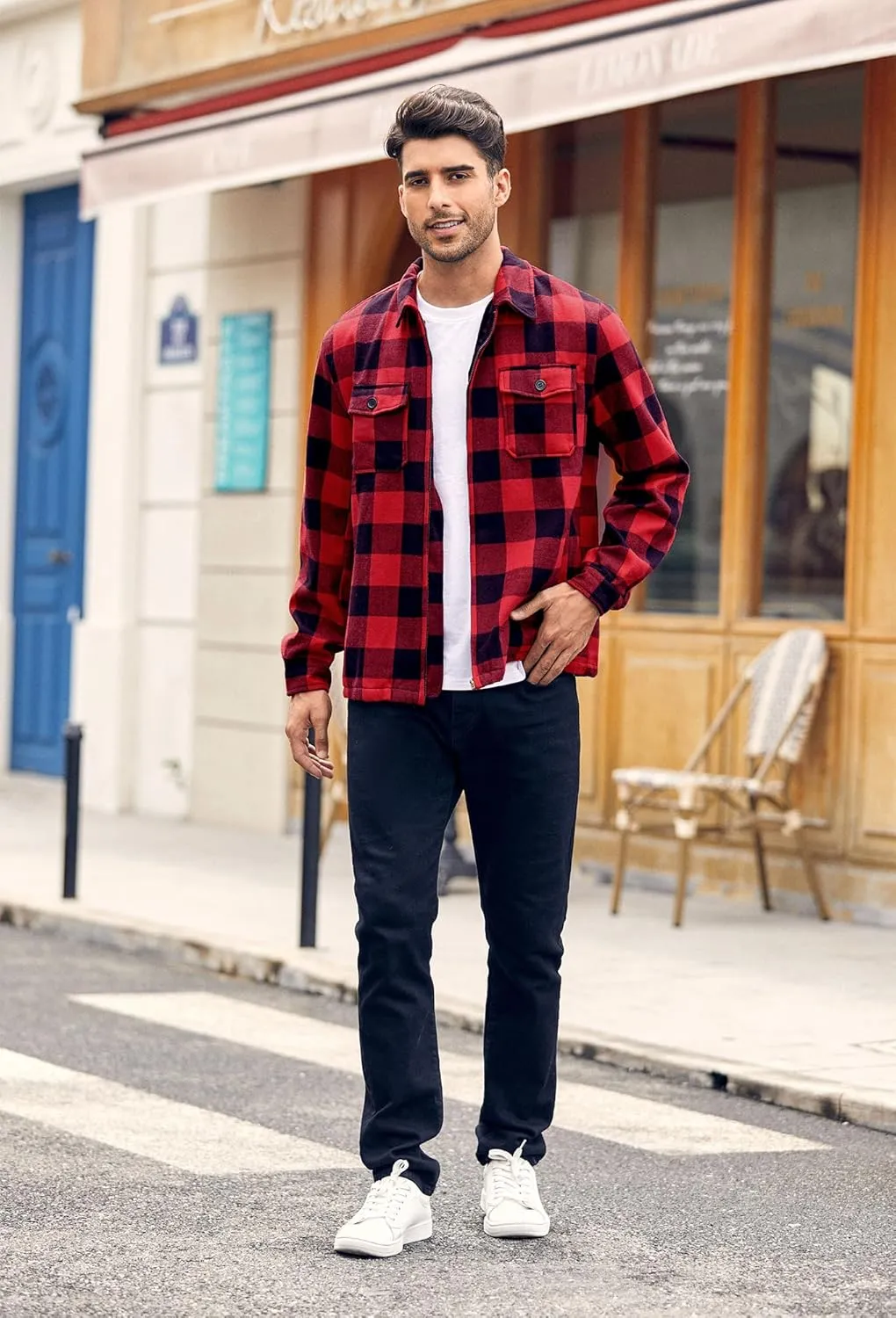 Mens Fleece Jacket Sherpa Lined Zip Up Buffalo Plaid Flannel Coat Casual Long Sleeve Warm Fall Winter Outwear