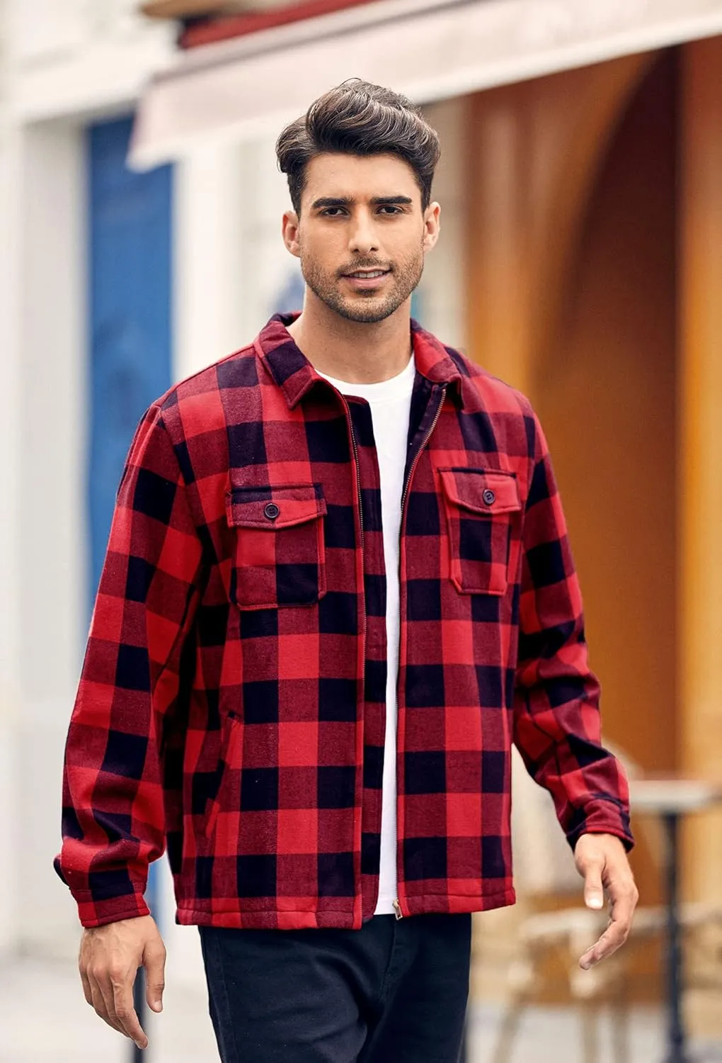 Mens Fleece Jacket Sherpa Lined Zip Up Buffalo Plaid Flannel Coat Casual Long Sleeve Warm Fall Winter Outwear