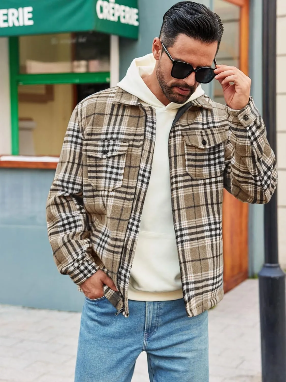 Mens Fleece Jacket Sherpa Lined Zip Up Buffalo Plaid Flannel Coat Casual Long Sleeve Warm Fall Winter Outwear