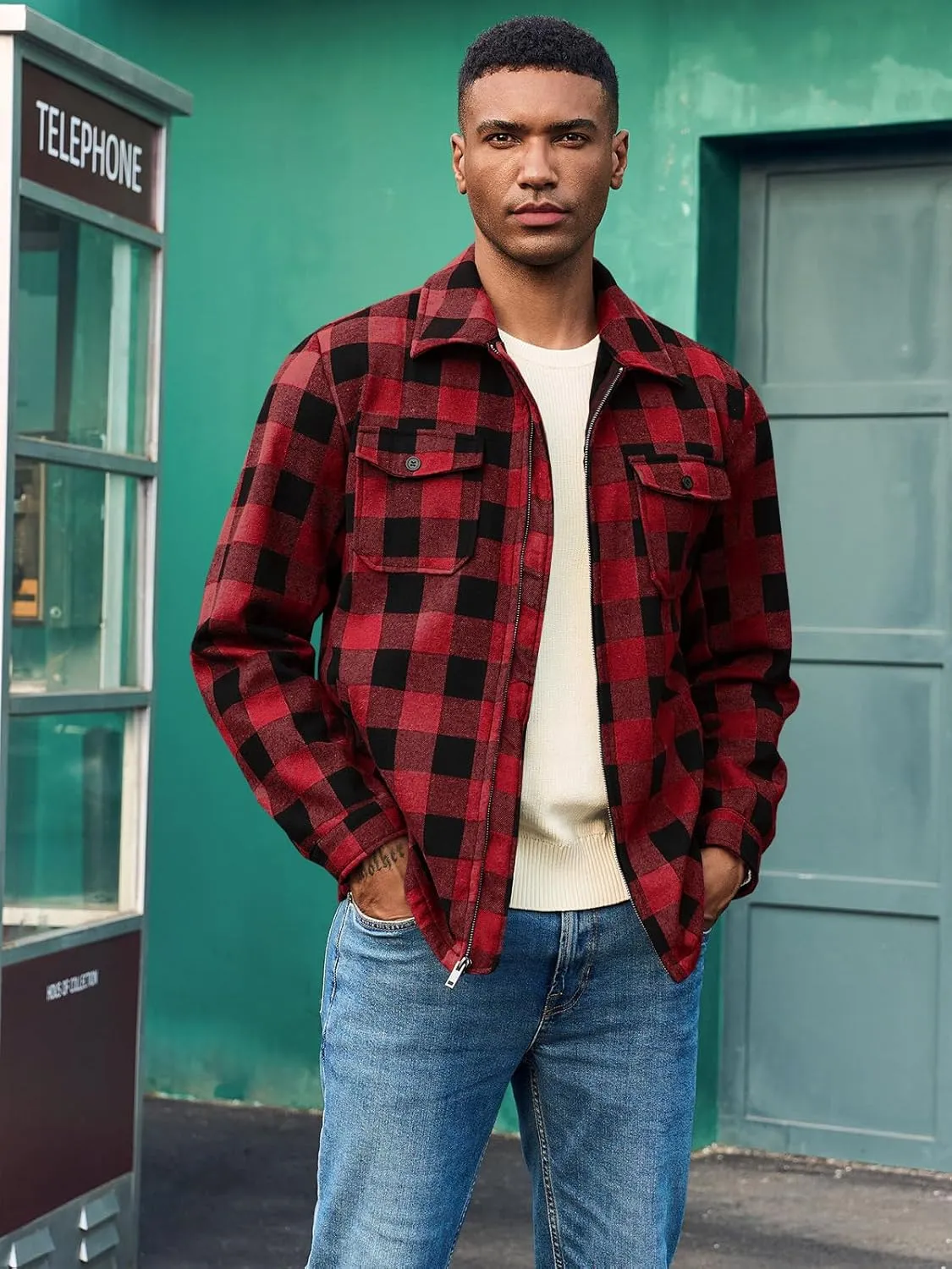 Mens Fleece Jacket Sherpa Lined Zip Up Buffalo Plaid Flannel Coat Casual Long Sleeve Warm Fall Winter Outwear