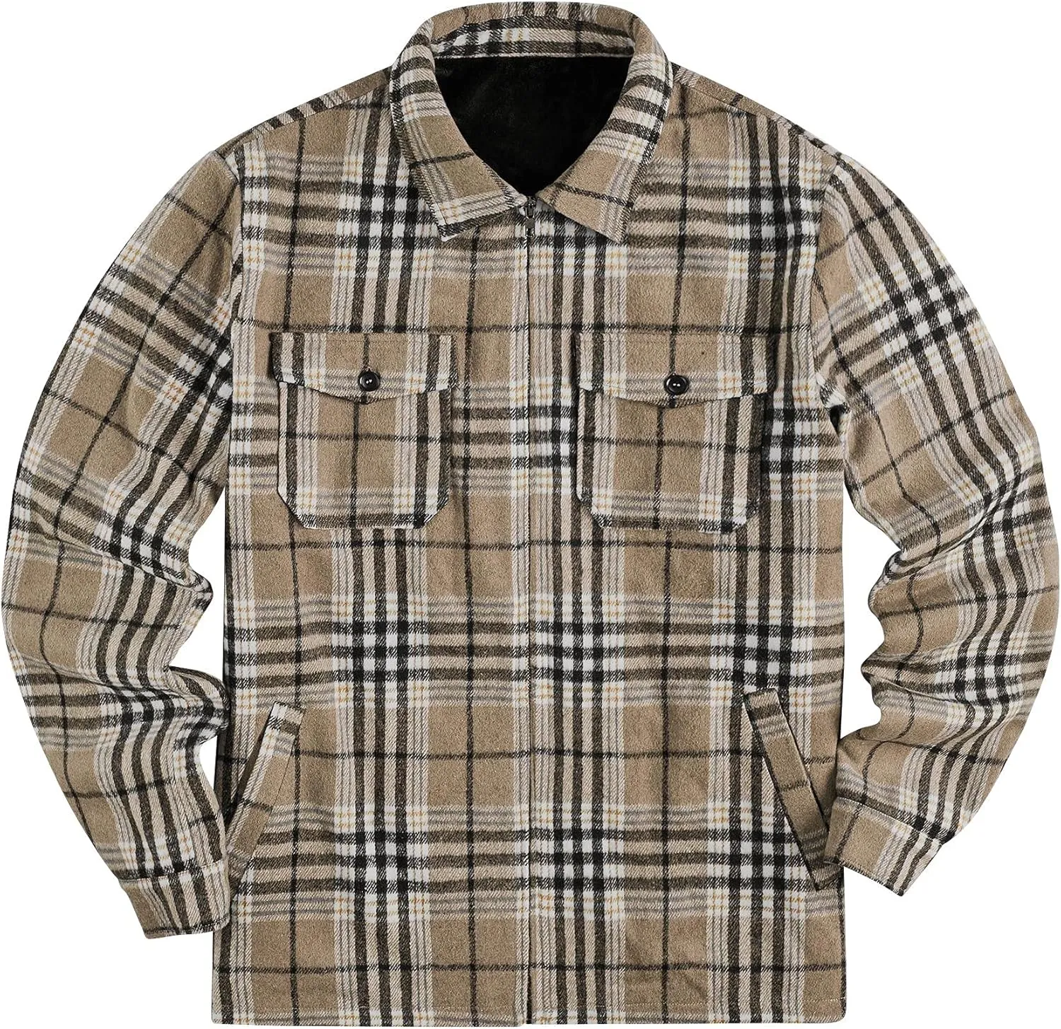 Mens Fleece Jacket Sherpa Lined Zip Up Buffalo Plaid Flannel Coat Casual Long Sleeve Warm Fall Winter Outwear