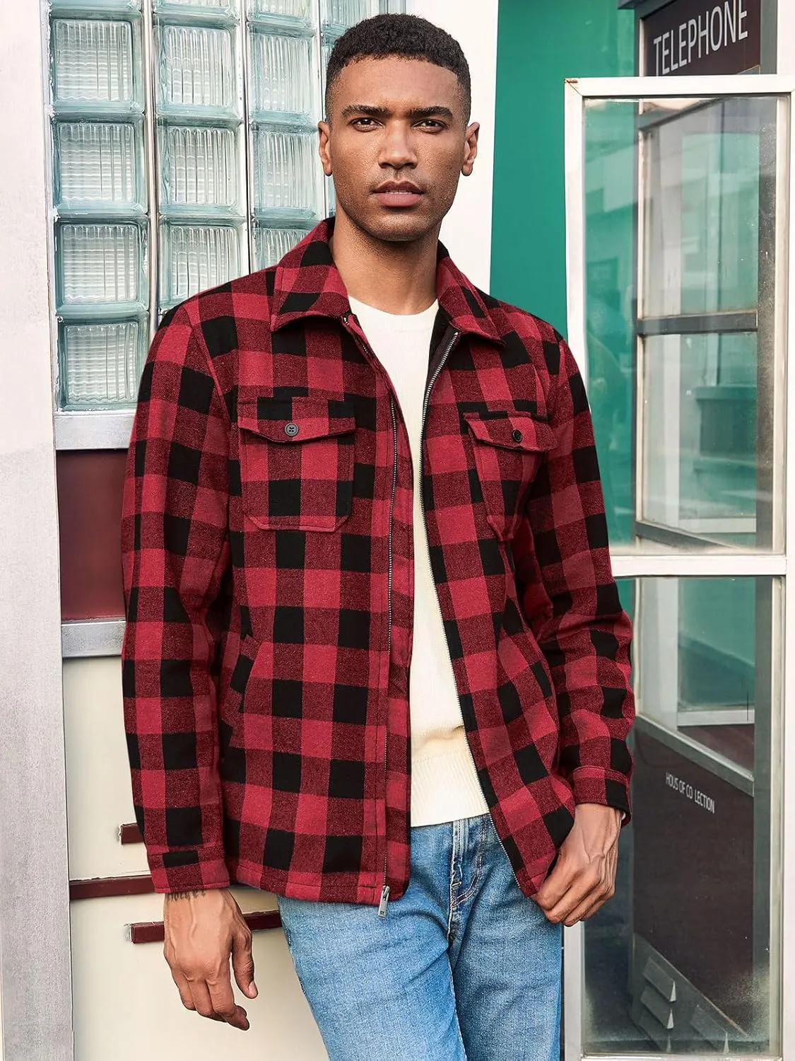 Mens Fleece Jacket Sherpa Lined Zip Up Buffalo Plaid Flannel Coat Casual Long Sleeve Warm Fall Winter Outwear