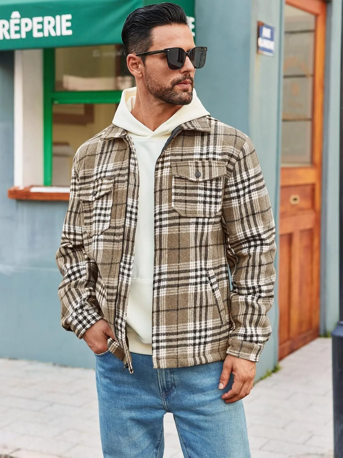 Mens Fleece Jacket Sherpa Lined Zip Up Buffalo Plaid Flannel Coat Casual Long Sleeve Warm Fall Winter Outwear