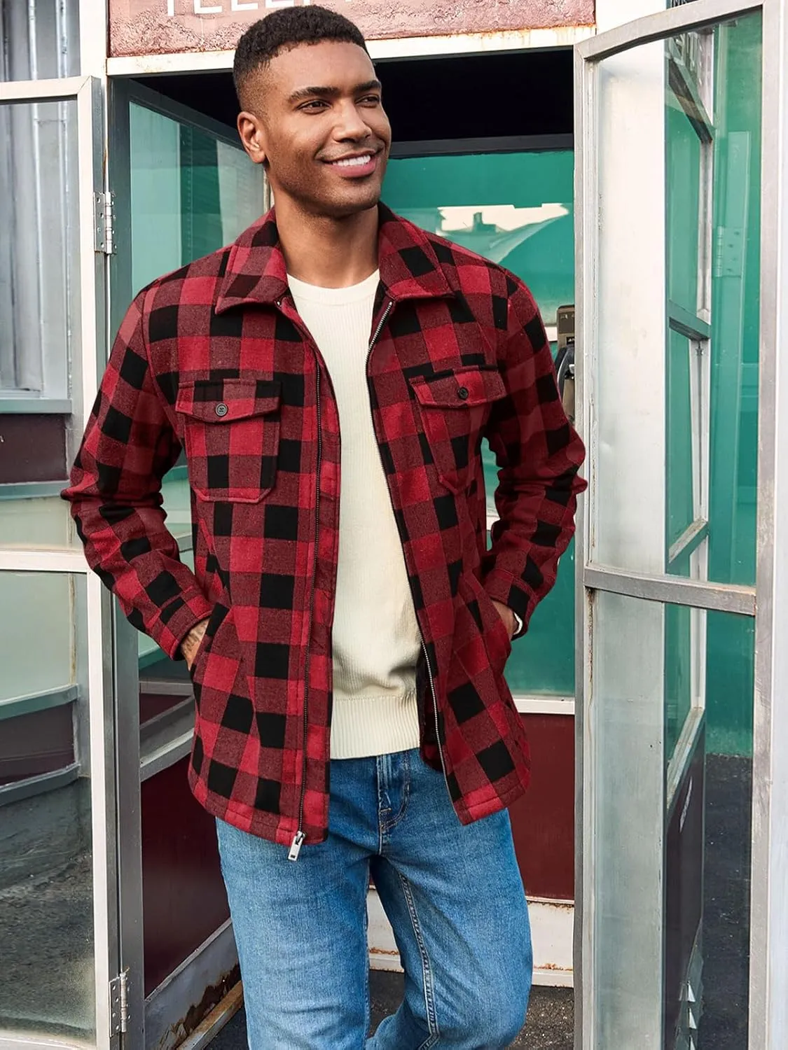 Mens Fleece Jacket Sherpa Lined Zip Up Buffalo Plaid Flannel Coat Casual Long Sleeve Warm Fall Winter Outwear