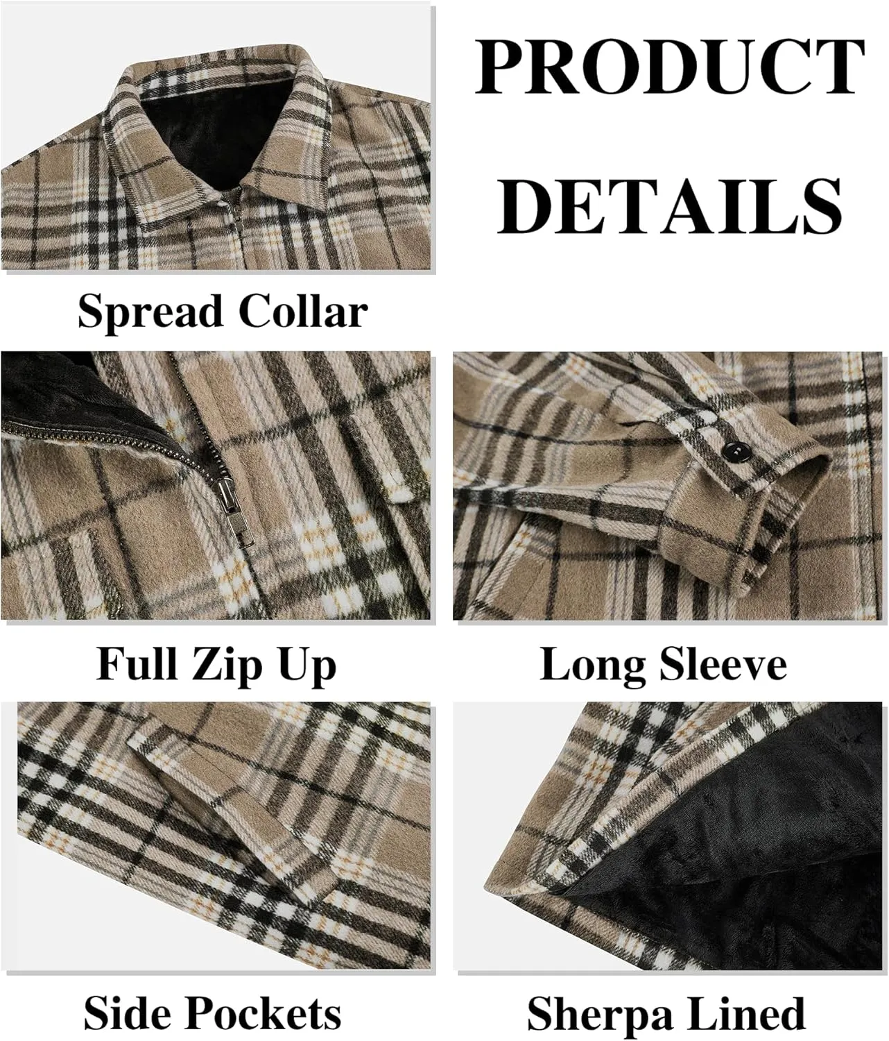 Mens Fleece Jacket Sherpa Lined Zip Up Buffalo Plaid Flannel Coat Casual Long Sleeve Warm Fall Winter Outwear