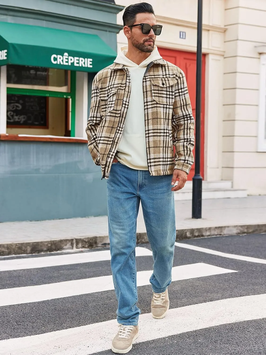 Mens Fleece Jacket Sherpa Lined Zip Up Buffalo Plaid Flannel Coat Casual Long Sleeve Warm Fall Winter Outwear