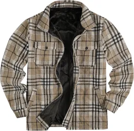 Mens Fleece Jacket Sherpa Lined Zip Up Buffalo Plaid Flannel Coat Casual Long Sleeve Warm Fall Winter Outwear