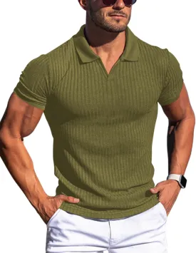 Men's Muscle V Neck Polo Shirts Slim Fit Short Long Sleeve Cotton Golf T-Shirts Ribbed Knit Soft Tees