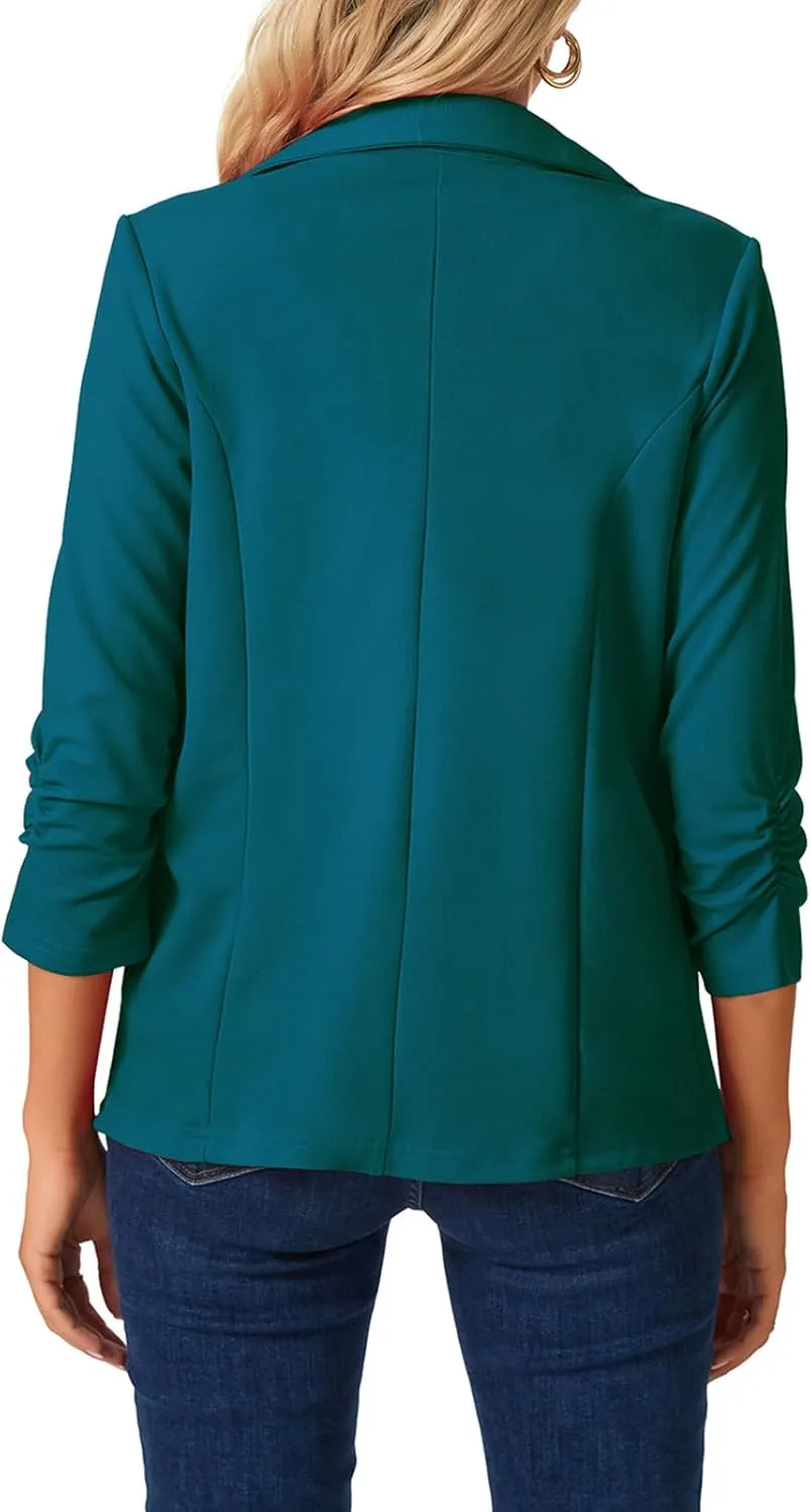 MINTLIMIT Women's Open Front Blazers Ruched 3/4 Sleeve Work Office Blazer Notch Collar Lightweight Jacket with Pockets