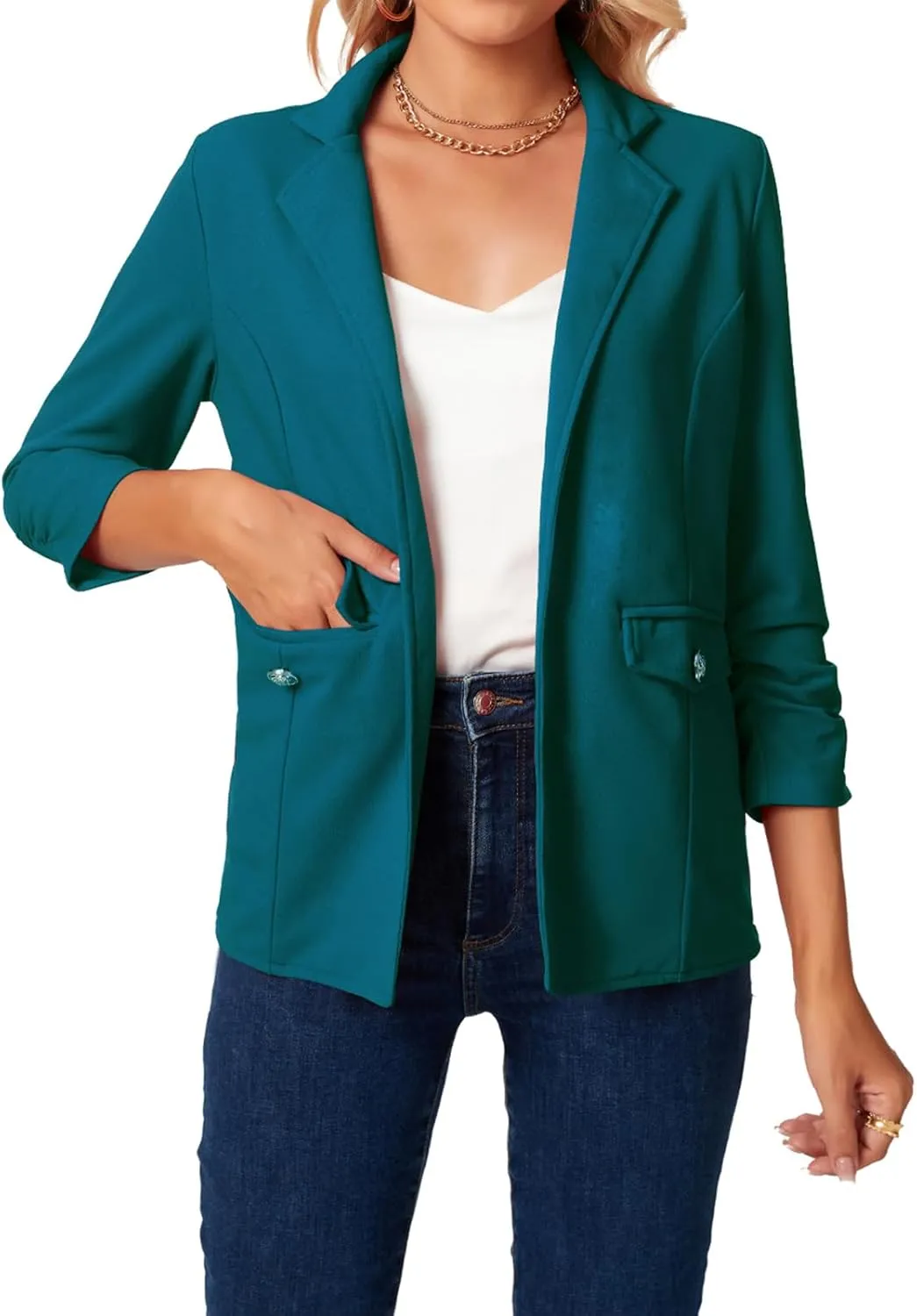 MINTLIMIT Women's Open Front Blazers Ruched 3/4 Sleeve Work Office Blazer Notch Collar Lightweight Jacket with Pockets