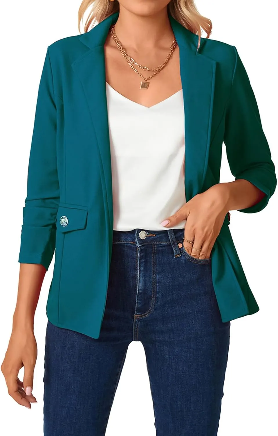 MINTLIMIT Women's Open Front Blazers Ruched 3/4 Sleeve Work Office Blazer Notch Collar Lightweight Jacket with Pockets