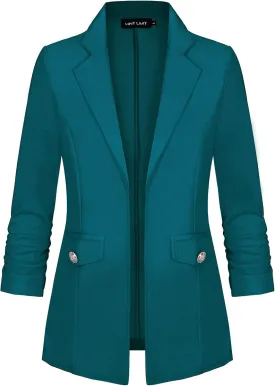 MINTLIMIT Women's Open Front Blazers Ruched 3/4 Sleeve Work Office Blazer Notch Collar Lightweight Jacket with Pockets