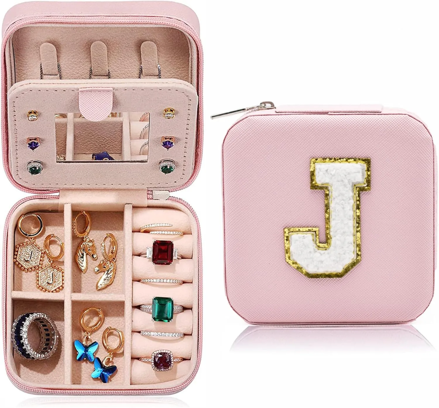 MODENGKONGJIAN Travel Jewelry Case for Women Fashion, Ring Necklace Earring Jewelry Holder Organizer Box, Small Portable Personalized Pink Jewellery Storage Box, Christmas Gifts Initial J