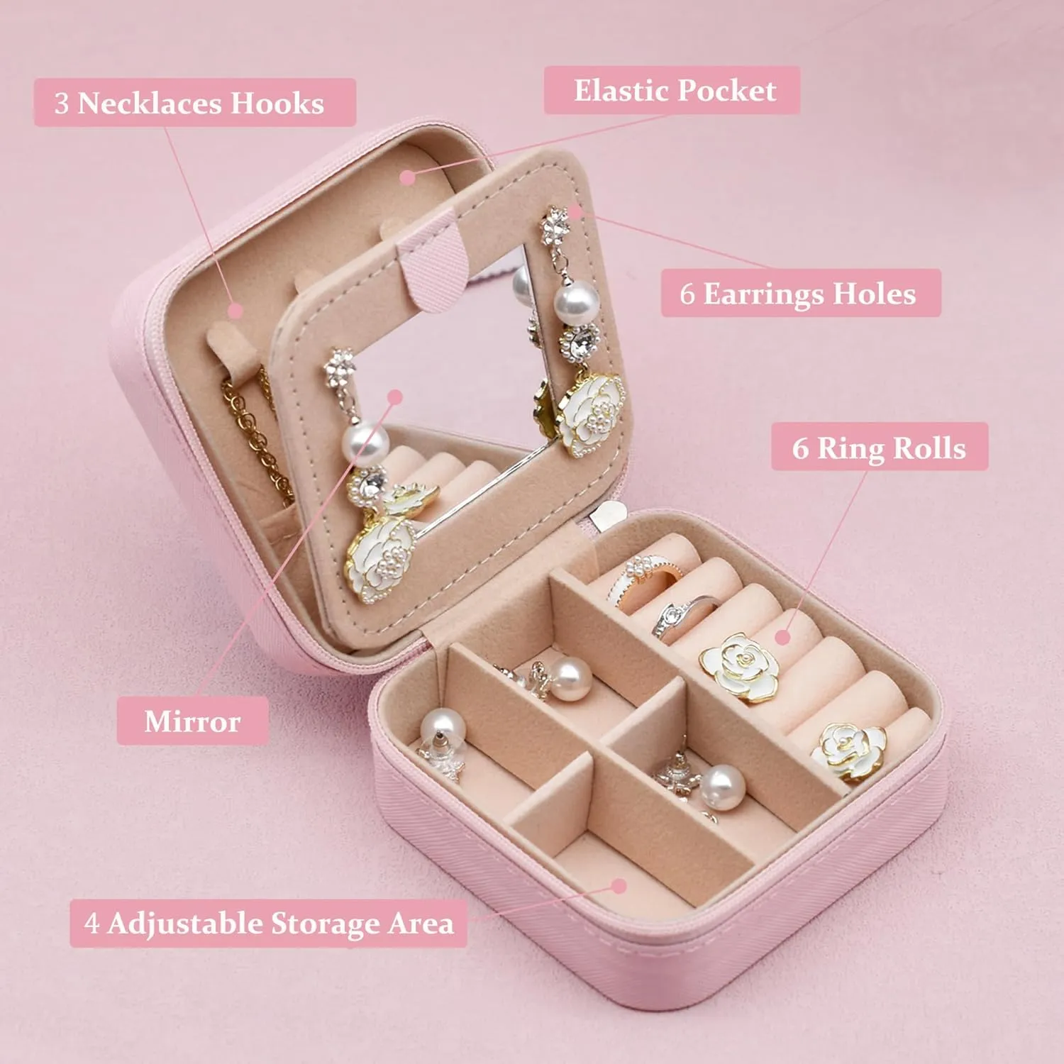 MODENGKONGJIAN Travel Jewelry Case for Women Fashion, Ring Necklace Earring Jewelry Holder Organizer Box, Small Portable Personalized Pink Jewellery Storage Box, Christmas Gifts Initial J
