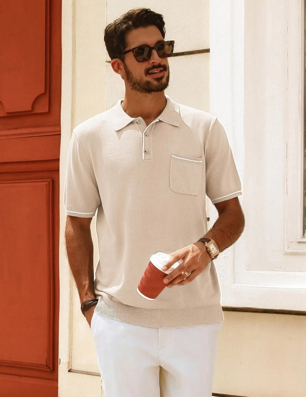 PJ PAUL JONES Men Polo Shirts Short Sleeve Men's Shirts Contrast Color Knit Shirt