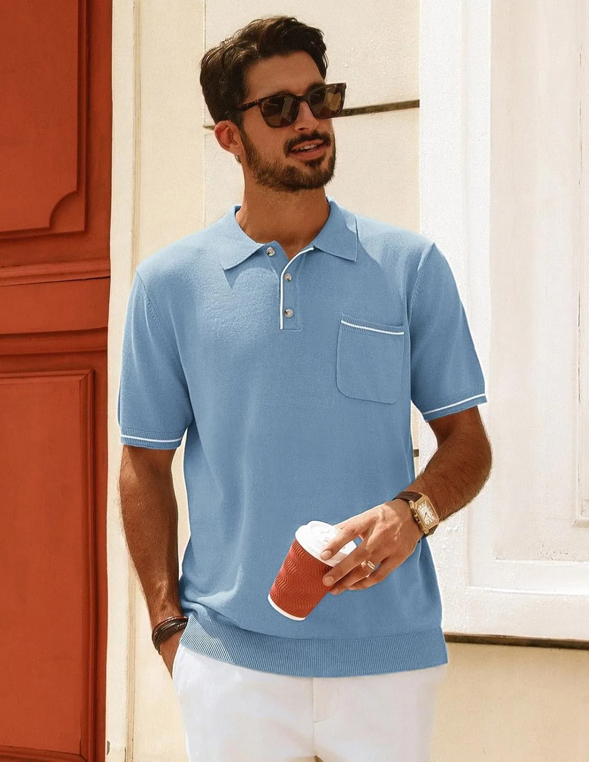 PJ PAUL JONES Men Polo Shirts Short Sleeve Men's Shirts Contrast Color Knit Shirt