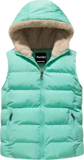 Pursky Girl's and Boy's Hooded Warm Puffer Vest Outerwear Soft Flannel Lined Insulation Waistcoat