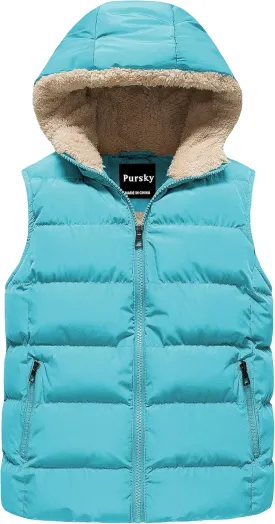 Pursky Girl's and Boy's Hooded Warm Puffer Vest Outerwear Soft Flannel Lined Insulation Waistcoat