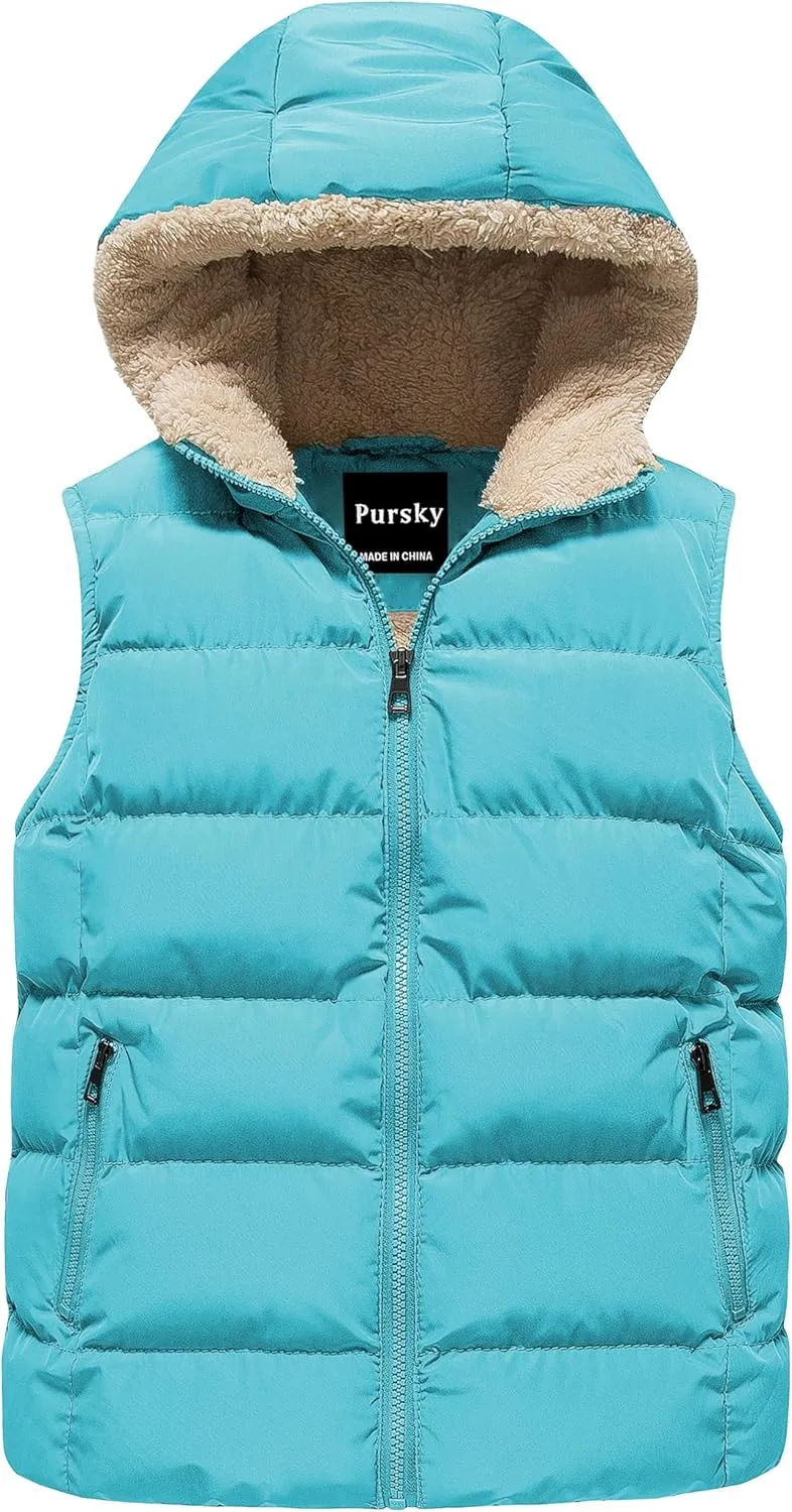 Pursky Girl's and Boy's Hooded Warm Puffer Vest Outerwear Soft Flannel Lined Insulation Waistcoat