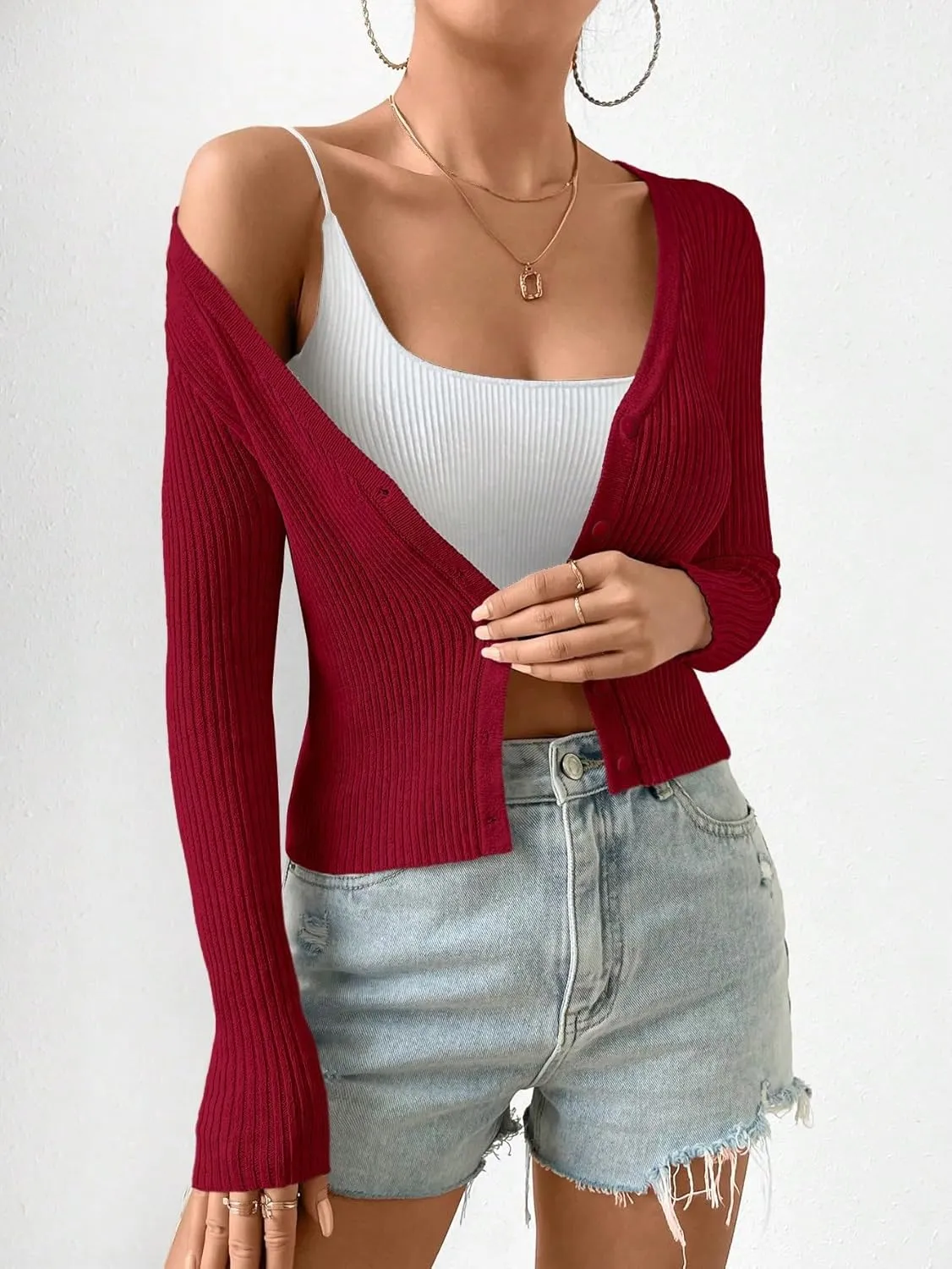 SHENHE Women's Ribbed Knit Button Down V Neck Lightweight Cropped Cardigan Sweater