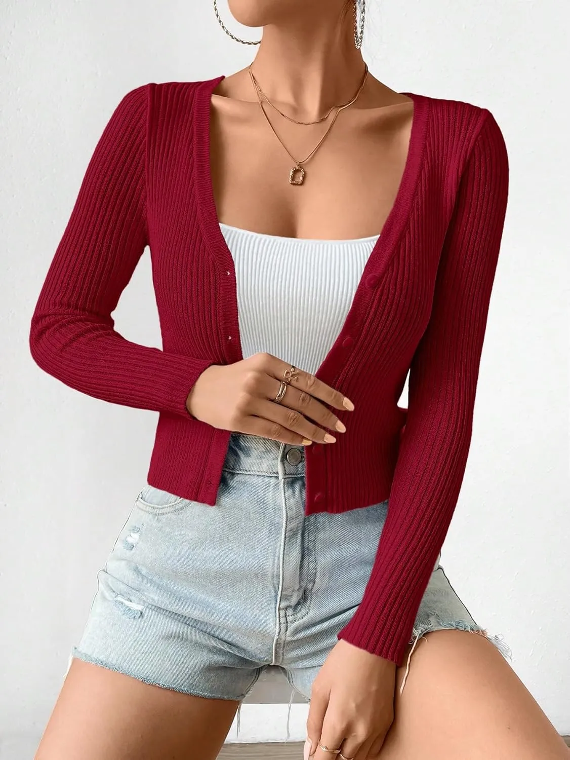 SHENHE Women's Ribbed Knit Button Down V Neck Lightweight Cropped Cardigan Sweater