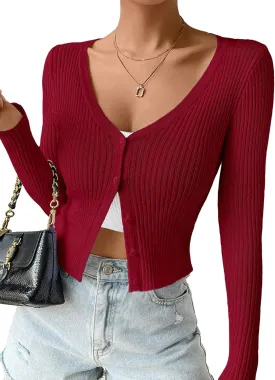 SHENHE Women's Ribbed Knit Button Down V Neck Lightweight Cropped Cardigan Sweater