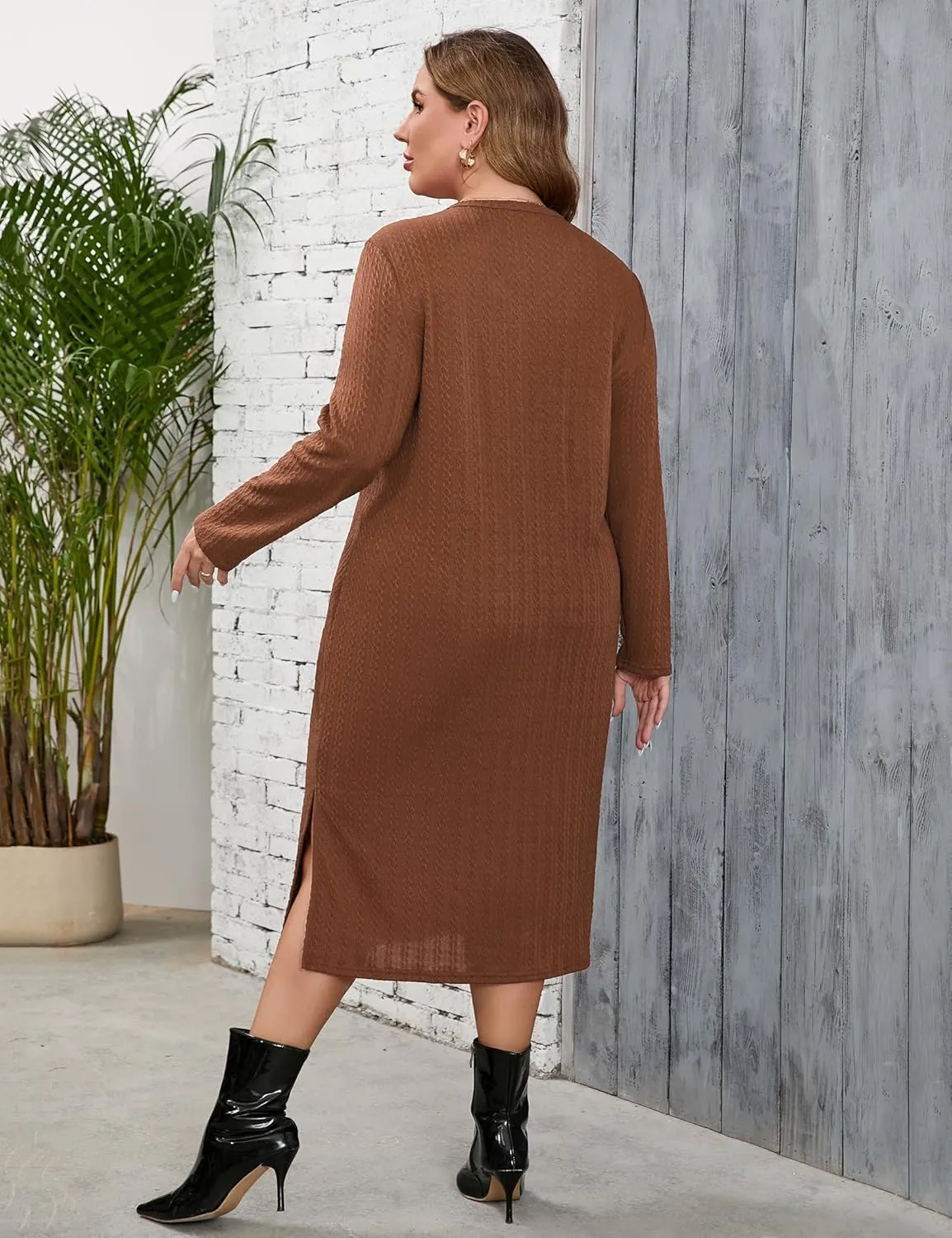 ShopWonder Plus Size Lightweight Knit Sweater Dress Long Sleeve Fall Outfits Fashion V Neck Slit Hem Casual Midi Dress