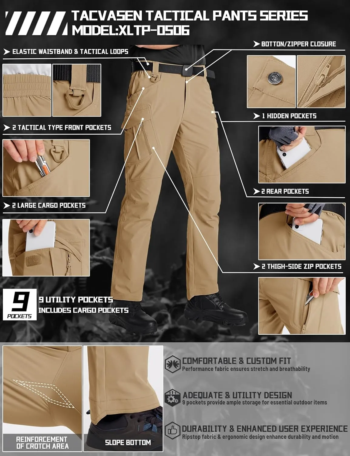 TACVASEN Men's Cargo Work Pants Construction Tactical Water Resistant Lightweight Outdoor Hiking Pants with 9 Pockets