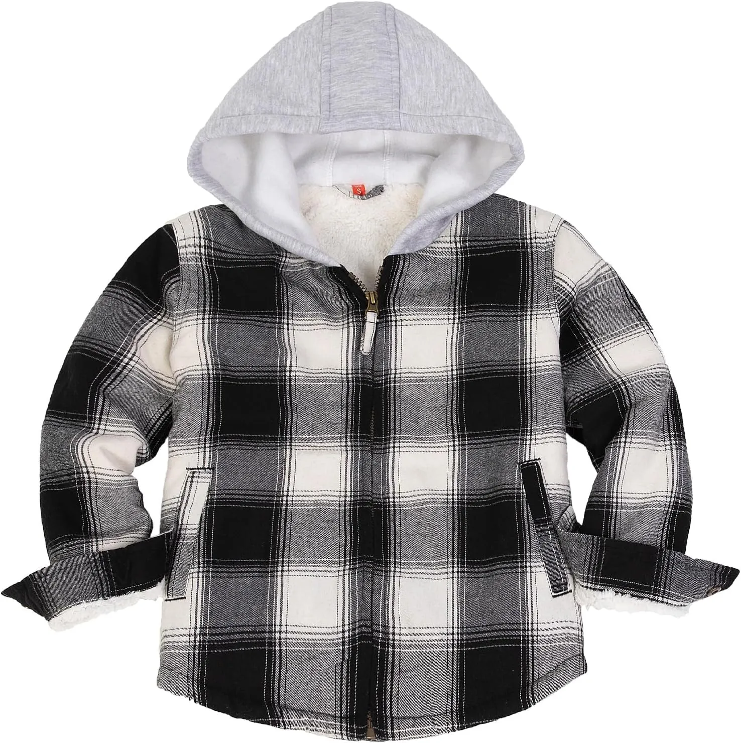 ThCreasa Unisex Toddler Boys Girls Plaid Zip Up Flannel Hooded Jacket Sherpa Lined Shacket with Hand Pockets