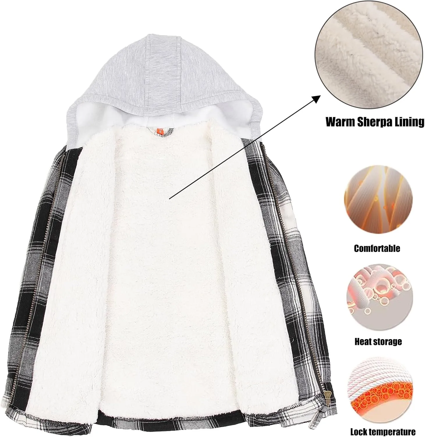 ThCreasa Unisex Toddler Boys Girls Plaid Zip Up Flannel Hooded Jacket Sherpa Lined Shacket with Hand Pockets