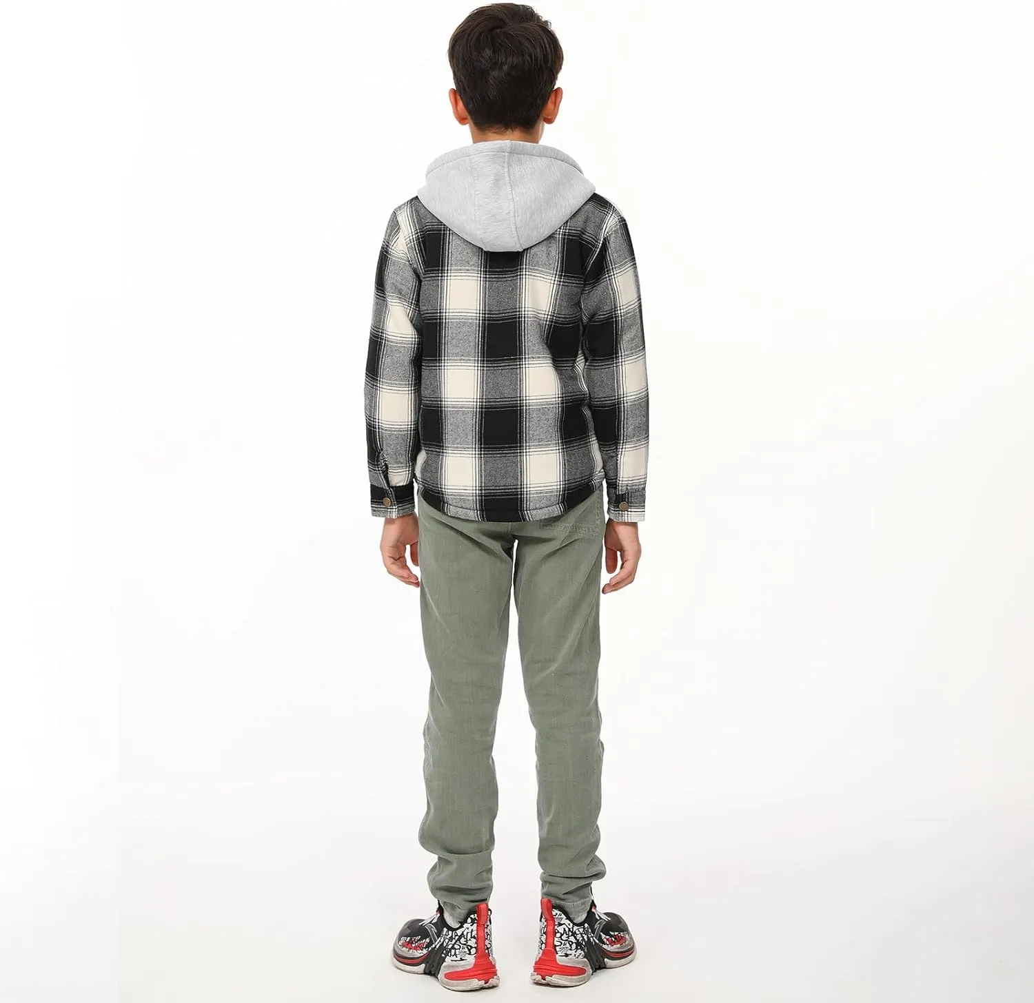 ThCreasa Unisex Toddler Boys Girls Plaid Zip Up Flannel Hooded Jacket Sherpa Lined Shacket with Hand Pockets
