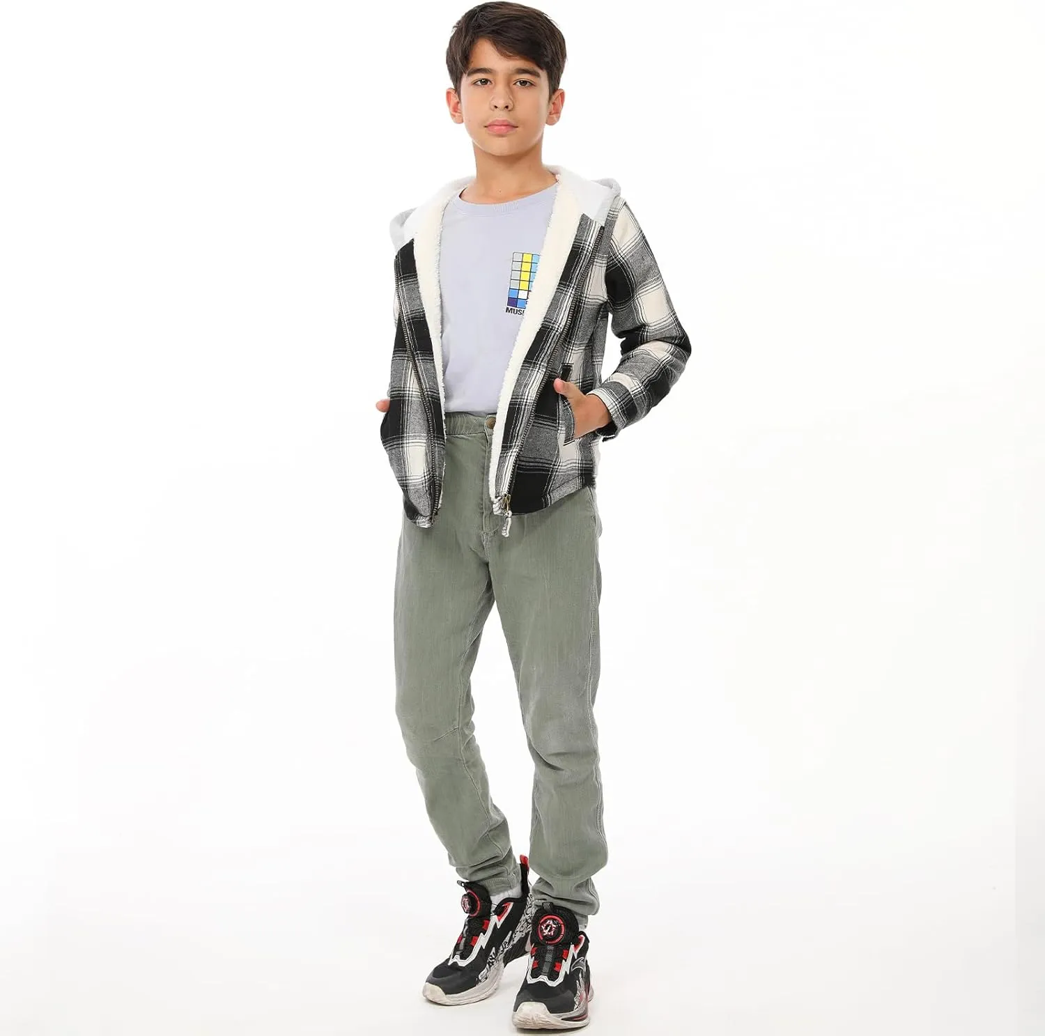 ThCreasa Unisex Toddler Boys Girls Plaid Zip Up Flannel Hooded Jacket Sherpa Lined Shacket with Hand Pockets
