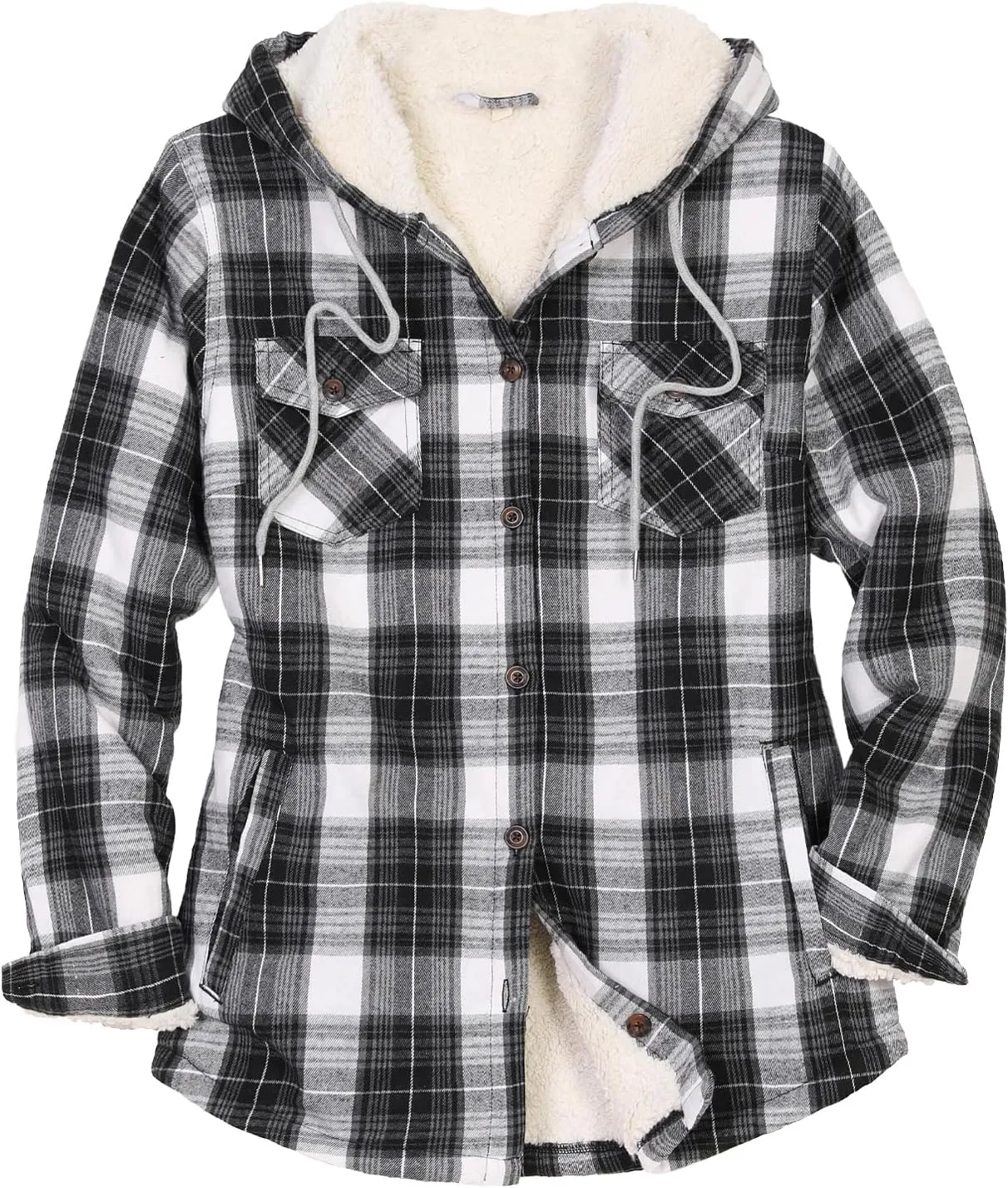 ThCreasa Womens Sherpa Lined Plaid Hooded Flannel Jacket with Hand Pockets Button Down Shirt Jackets