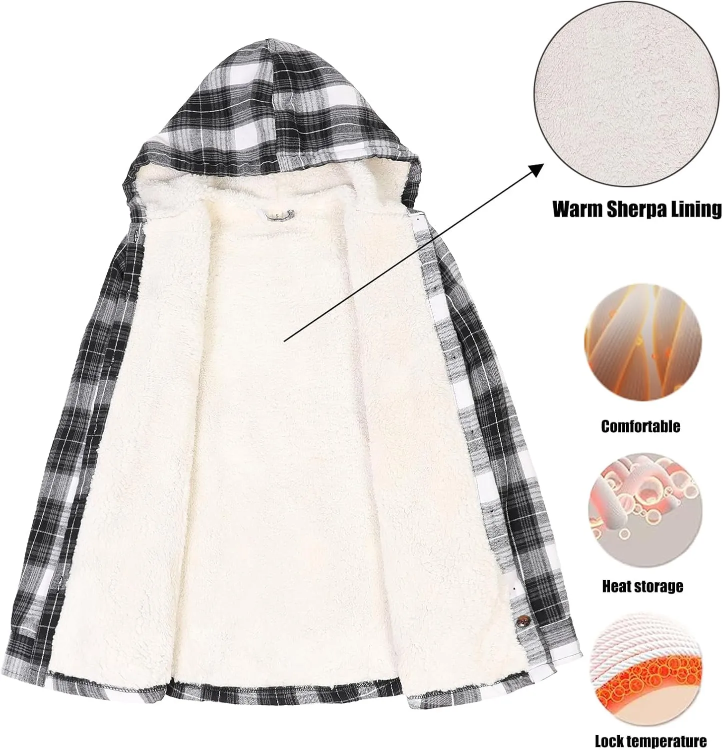 ThCreasa Womens Sherpa Lined Plaid Hooded Flannel Jacket with Hand Pockets Button Down Shirt Jackets