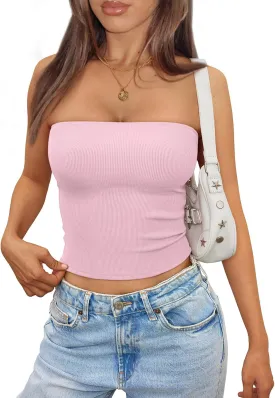 Trendy Queen Tube Tops for Women 2025 Summer Going Out Crop Ribbed Tank Bandeau Sexy Fashion Y2k Spring Sleeveless Bra