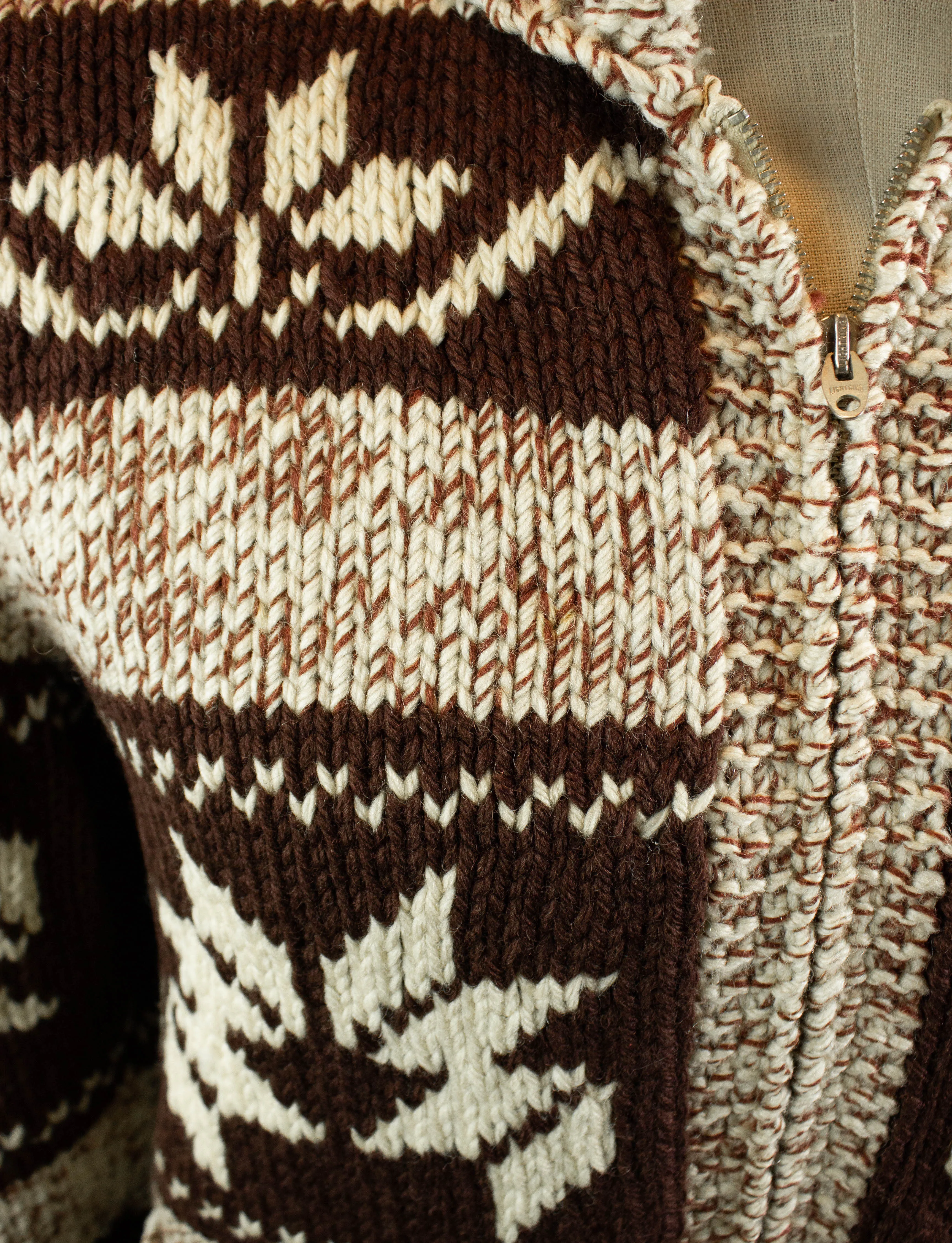 Vintage Wool Cowichan Knit Sweater 50s Maroon and White Lightning Zipper Small