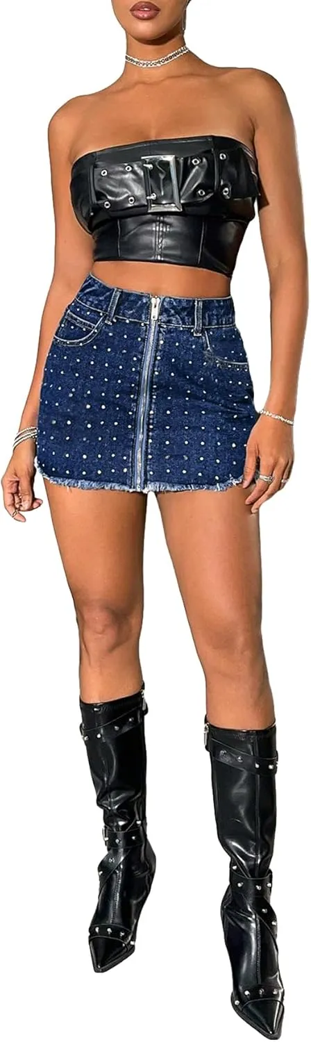WDIRARA Women's Frayed Hem Sparkly Rhinestone Zipper Front Denim Mini Skirt with Pockets