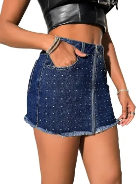WDIRARA Women's Frayed Hem Sparkly Rhinestone Zipper Front Denim Mini Skirt with Pockets