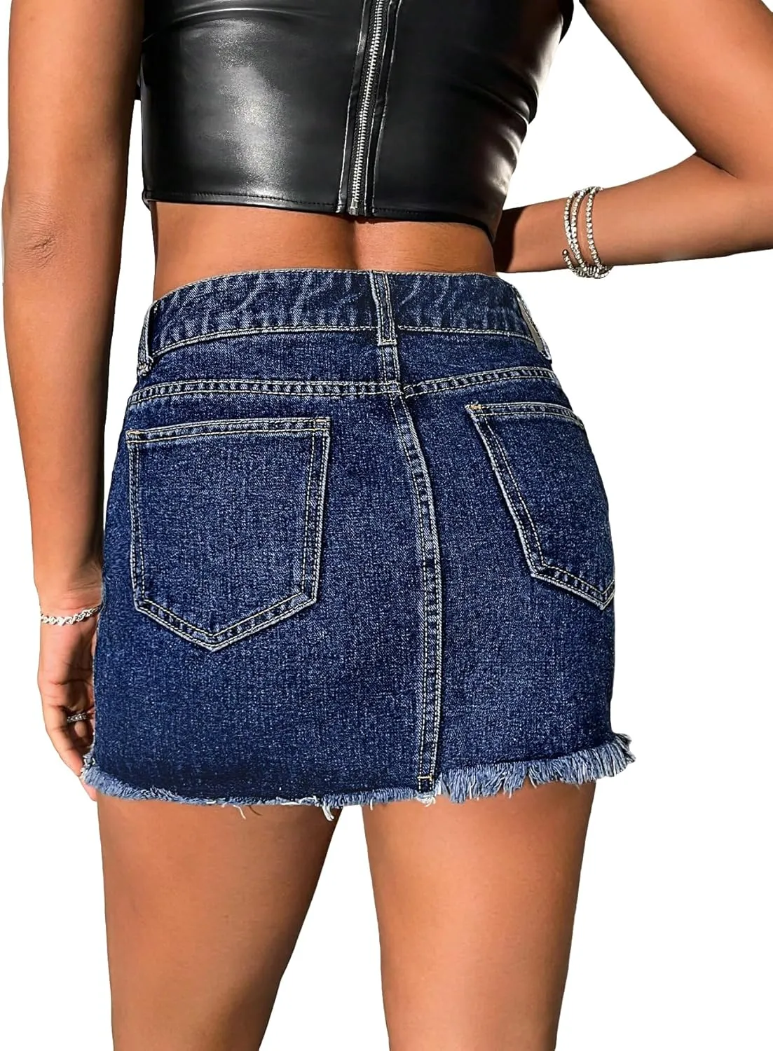 WDIRARA Women's Frayed Hem Sparkly Rhinestone Zipper Front Denim Mini Skirt with Pockets