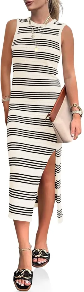 Wenrine Womens Summer Sundress Bodycon Midi Dress Sleeveless Casual Knit Striped Hollow Out Slit Long Tank Sun Dresses