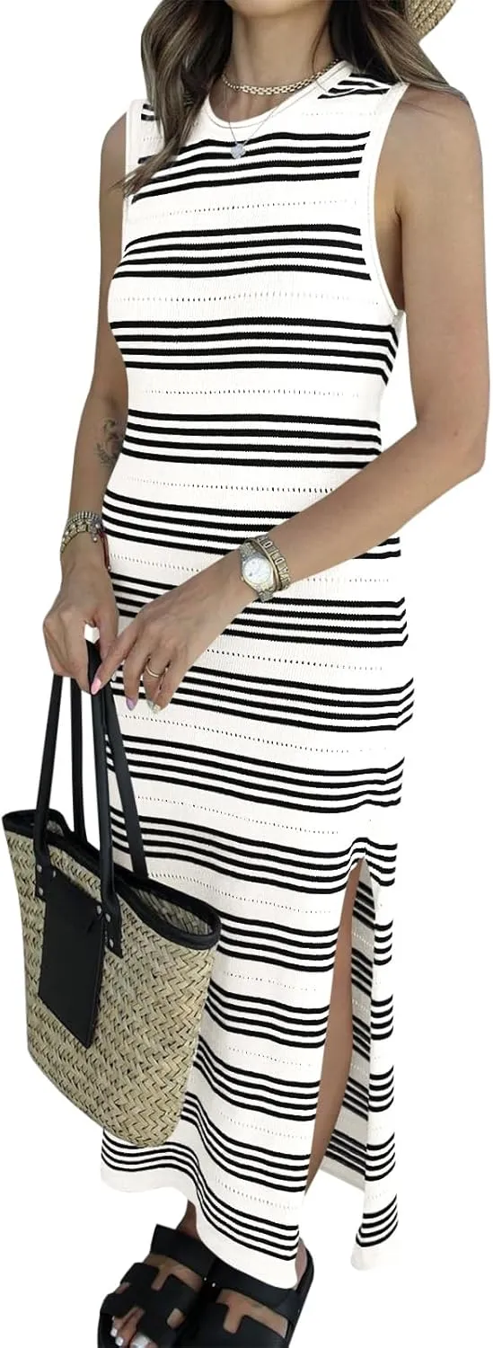 Wenrine Womens Summer Sundress Bodycon Midi Dress Sleeveless Casual Knit Striped Hollow Out Slit Long Tank Sun Dresses