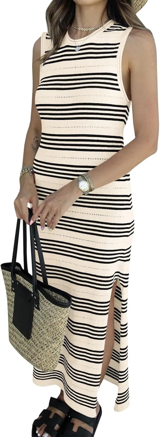 Wenrine Womens Summer Sundress Bodycon Midi Dress Sleeveless Casual Knit Striped Hollow Out Slit Long Tank Sun Dresses