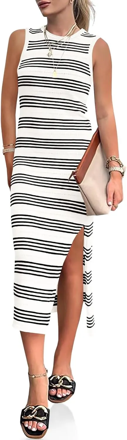 Wenrine Womens Summer Sundress Bodycon Midi Dress Sleeveless Casual Knit Striped Hollow Out Slit Long Tank Sun Dresses