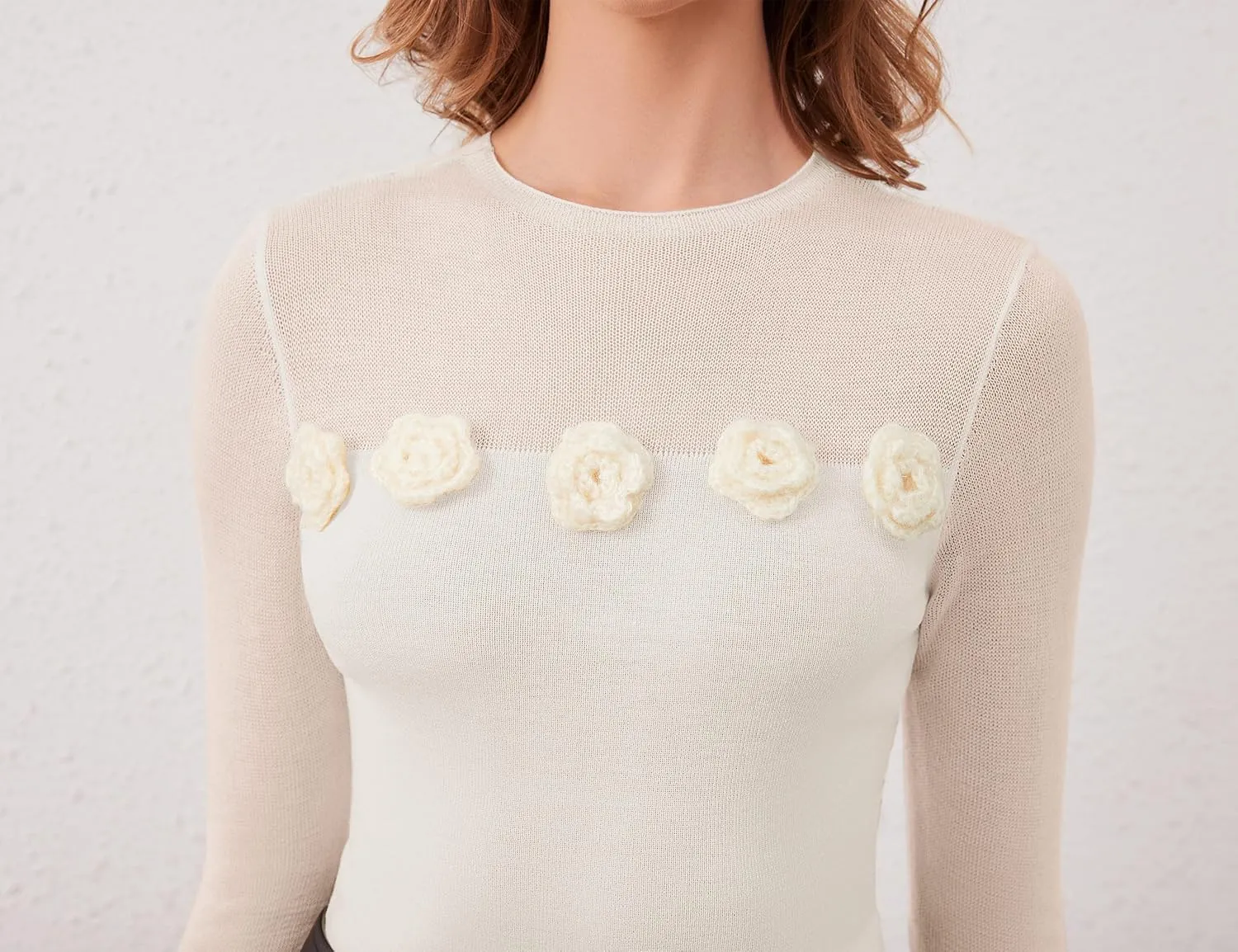 Women 3D Flower Panel Soft Knit Long Sleeve Mock Neck Sheer Mesh Solid Slim Sexy Tee Shirt Blouse Going Out Top